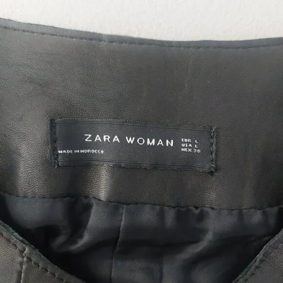 NWT ZARA Leather Jacket L Black Collarless Dressy Workwear Edgy Zip Up Pockets - Picture 8 of 12